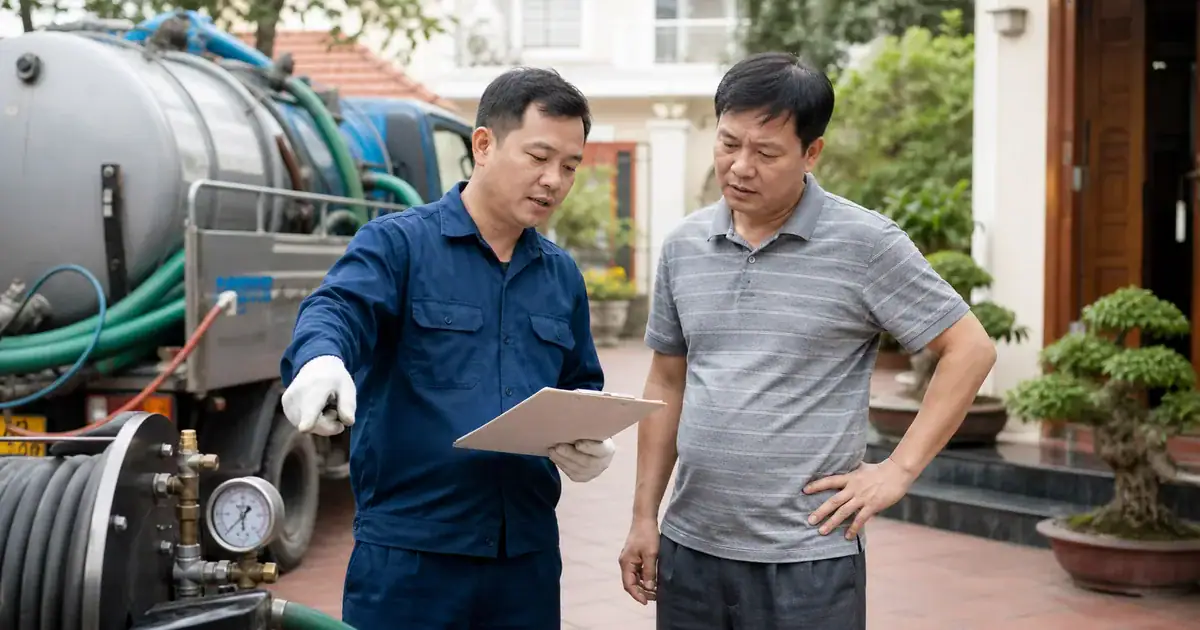 Khách hàng kiểm tra báo giá và thiết bị hút hầm cầu trước thi công