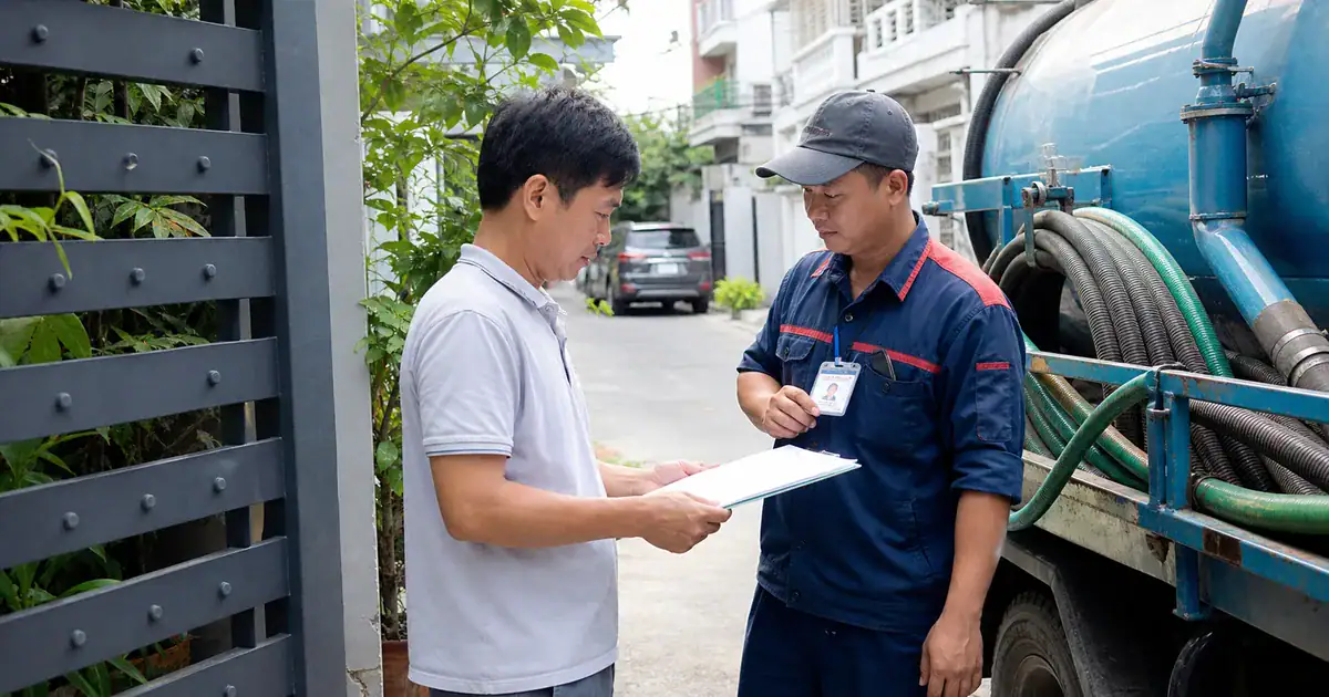 Khách hàng kiểm tra thông tin đơn vị hút hầm cầu
