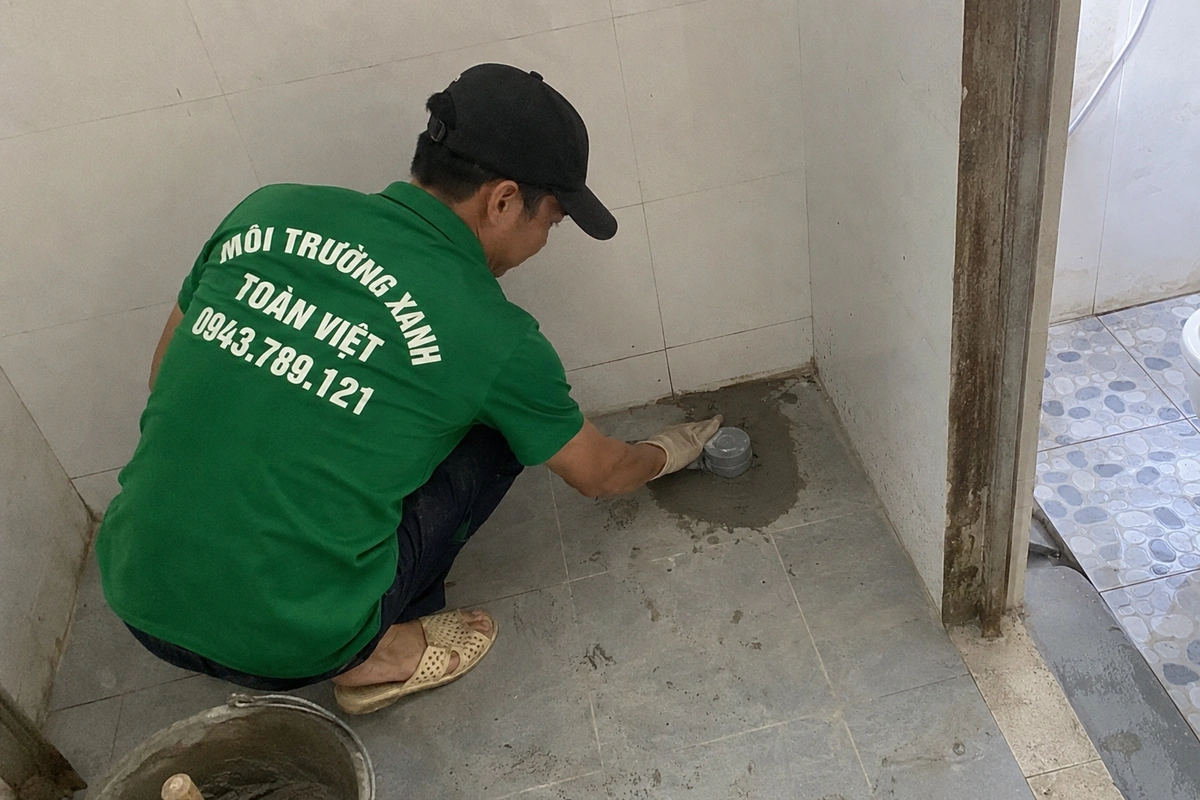 Nhân viên trét lại nắp hầm cầu sau khi hút xong