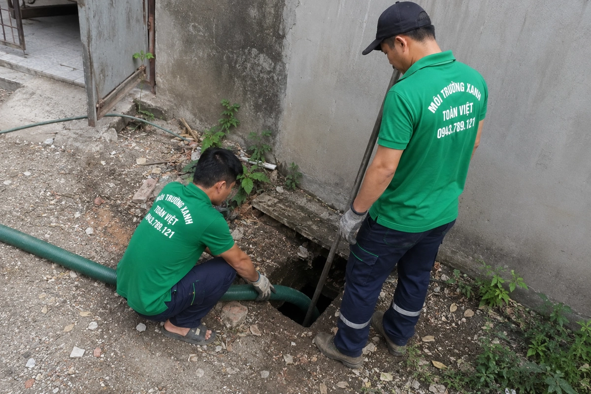 Nhân viên đưa ống hút xuống hầm cầu đã mở nắp