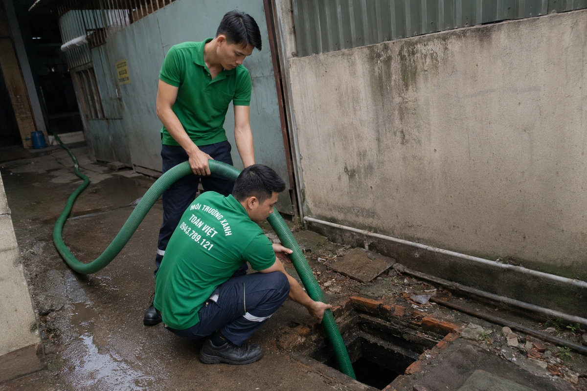 Nhân viên đưa ống hút xuống hầm cầu ngoài sân