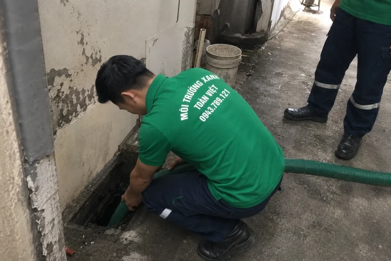 Nhân viên ngồi đưa ống vào ô mở sát chân tường