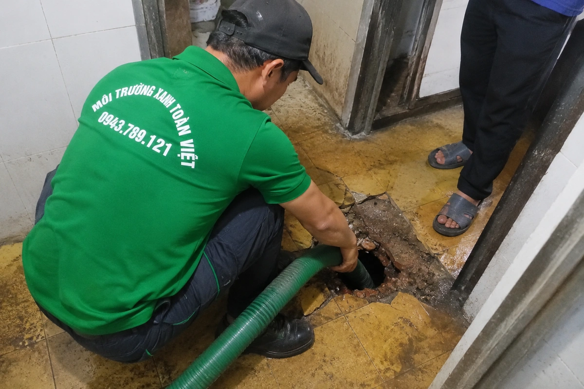Nhân viên đưa ống hút xuống miệng hầm cầu