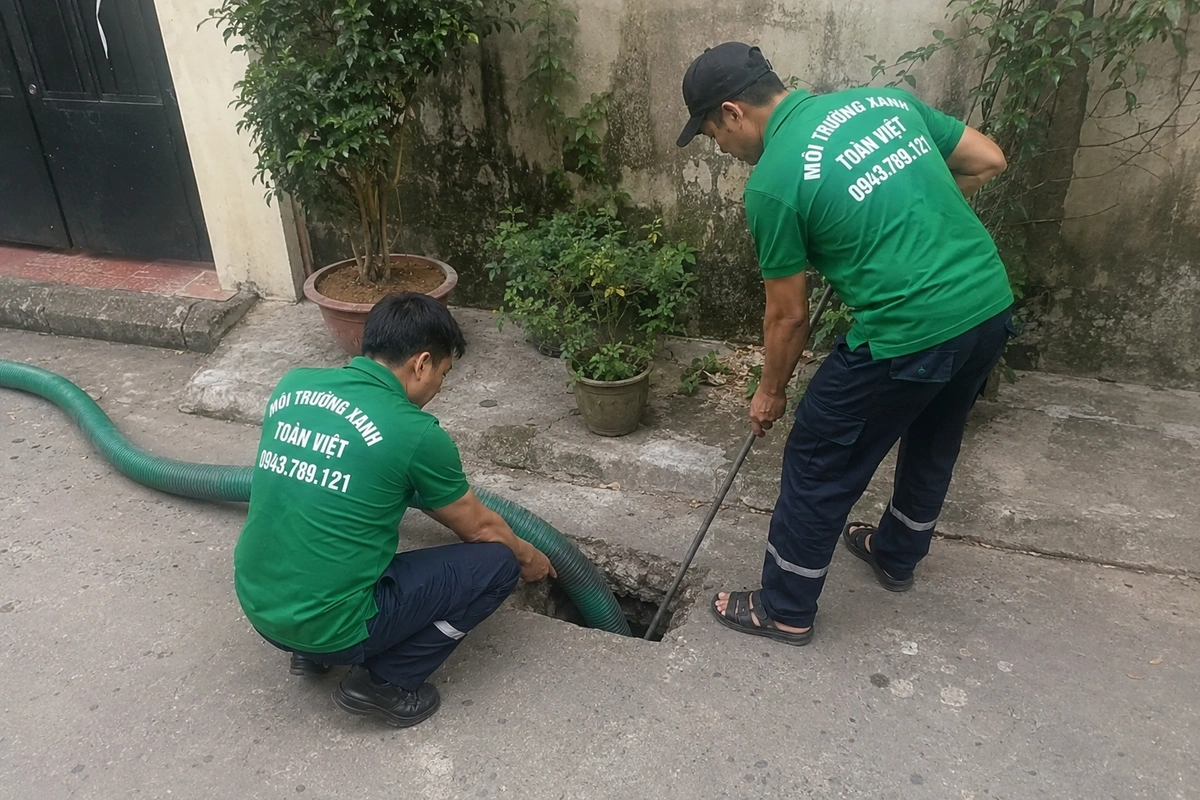 Nhân viên đưa ống hút xuống miệng hầm cầu