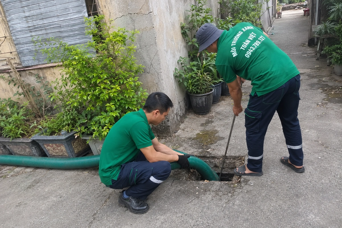 Nhân viên đưa ống hút xuống miệng hầm cầu