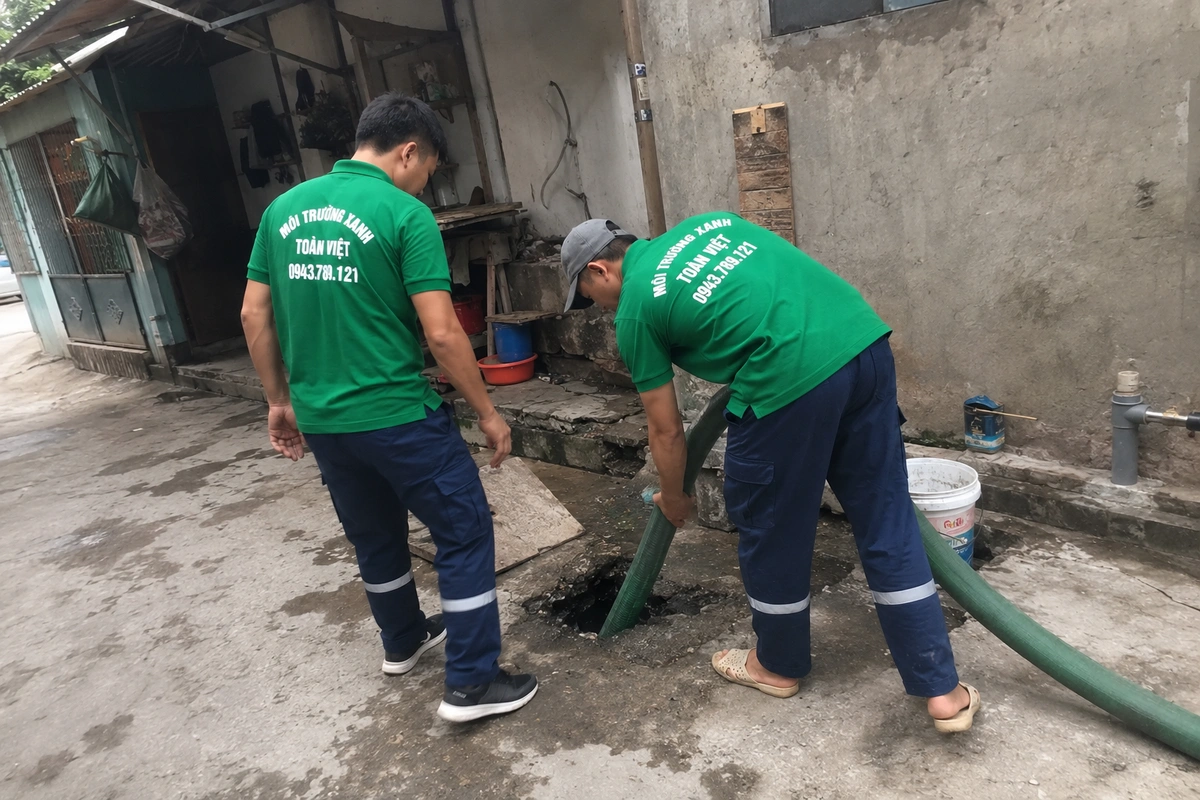 Nhân viên đưa ống hút xuống miệng hầm cầu