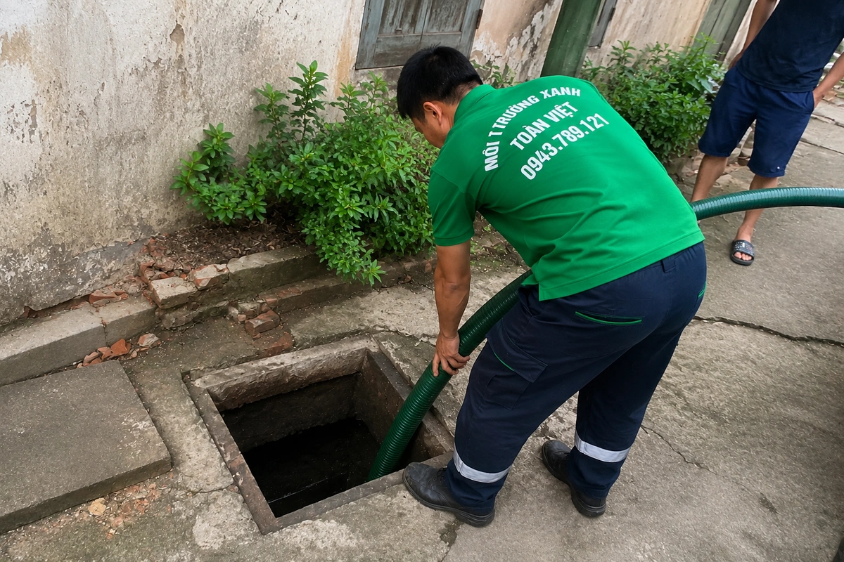 Hút hầm cầu Đức Cơ 24/7, nhận cả khu công nhân cao su 11 Nhân viên thả ống hút vào hầm cầu đã mở nắp