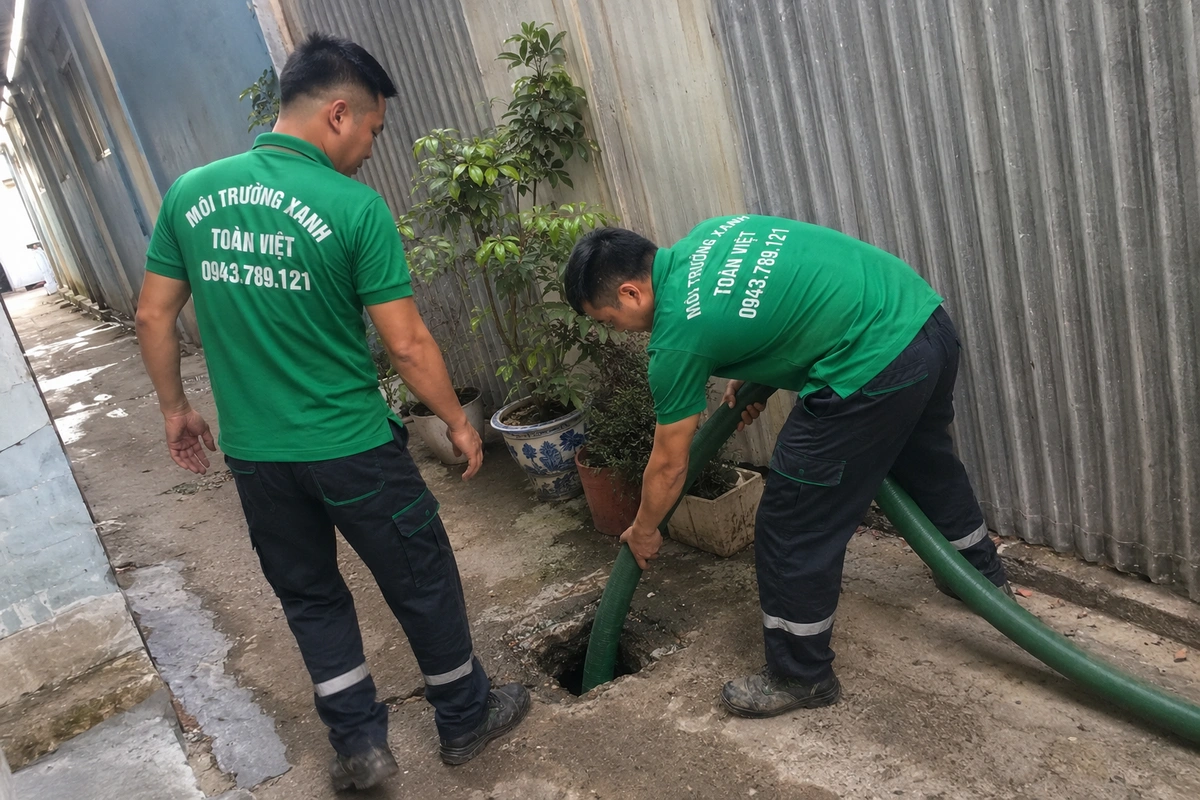 Nhân viên đưa ống hút xuống miệng hầm cầu