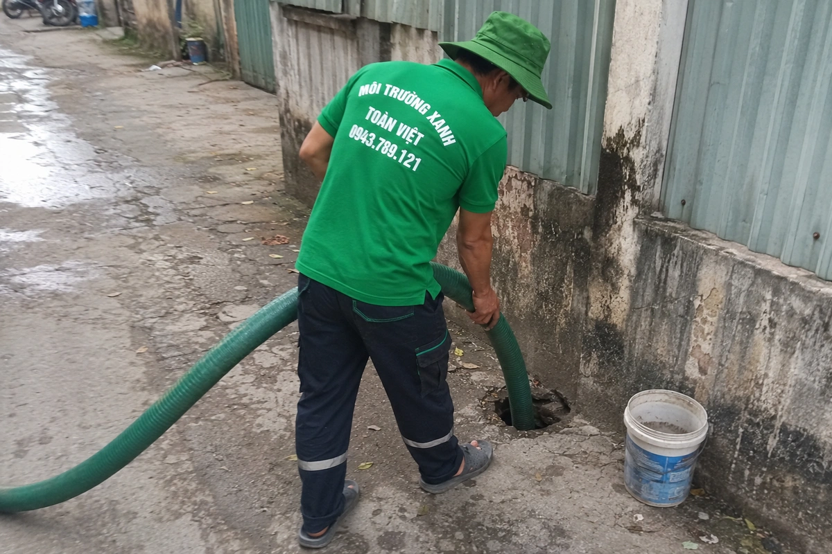 Nhân viên thả ống hút vào hầm cầu đã mở nắp
