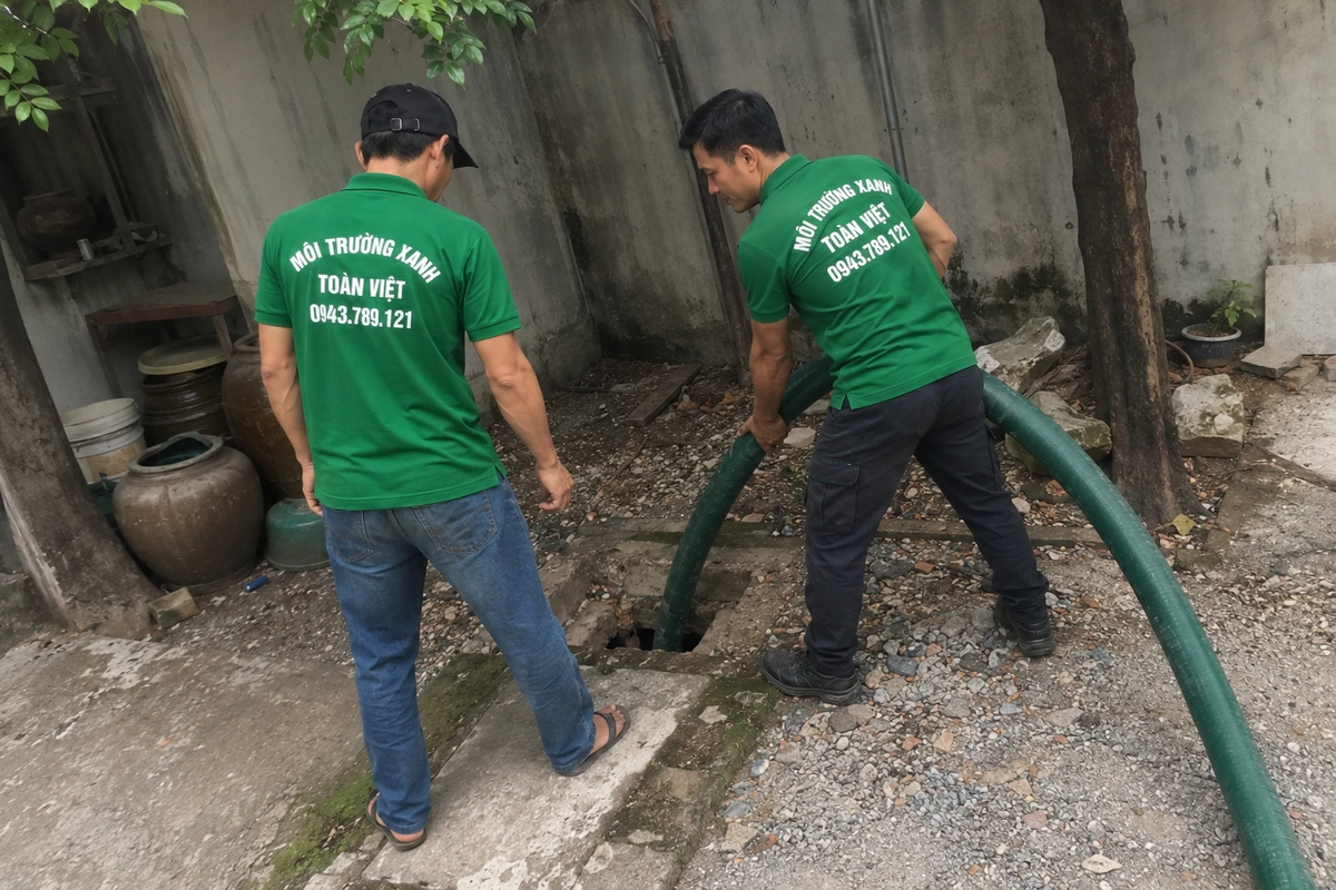 Nhân viên thả ống hút vào hầm cầu đã mở nắp
