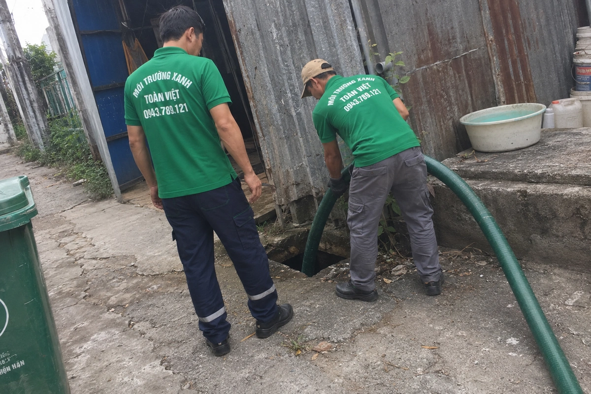 Hút Hầm Cầu Tây Hòa 24/7 | Xử Lý Theo Hiện Trạng 15 Nhân viên thả ống hút vào hầm cầu đã mở nắp