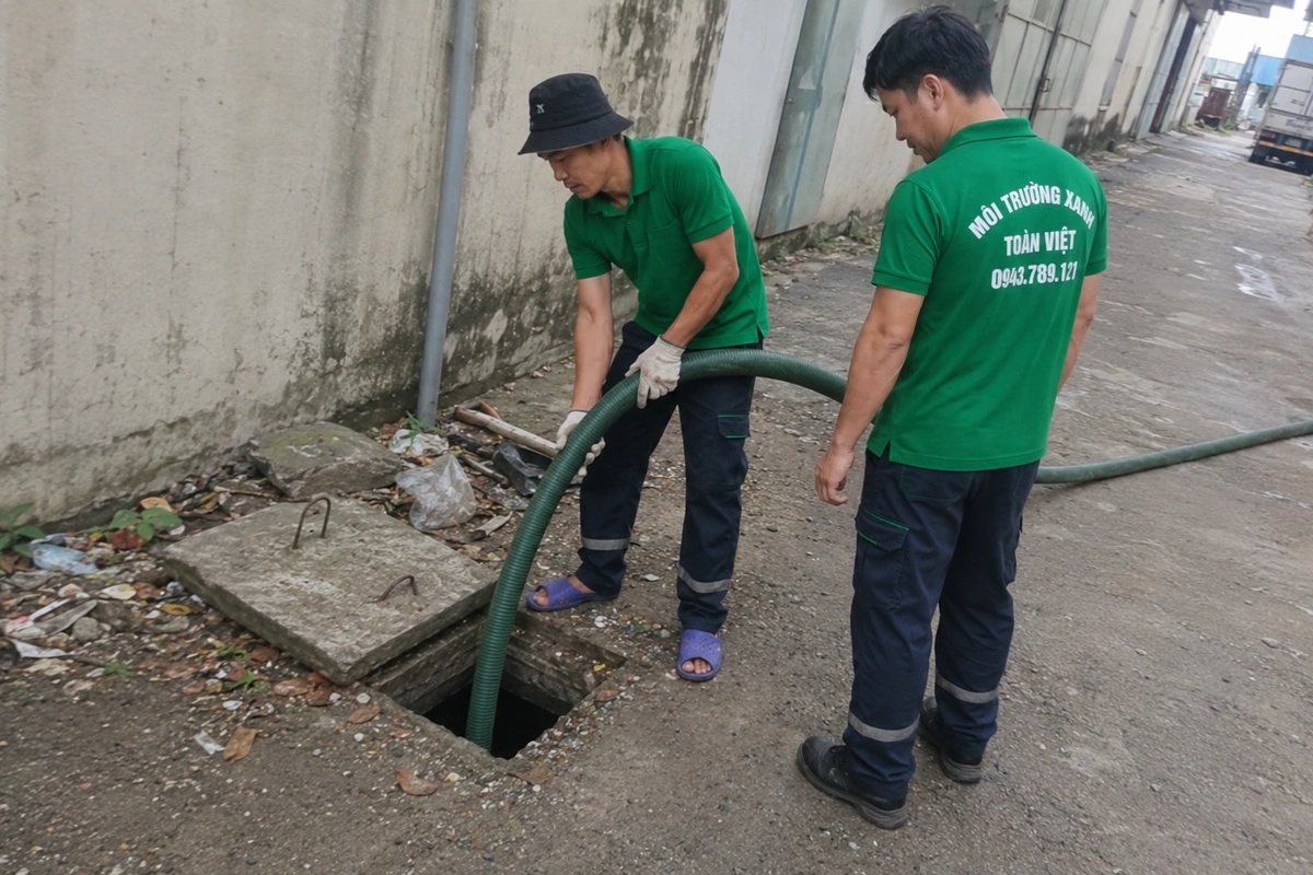 Nhân viên đưa ống hút xuống miệng hầm cầu