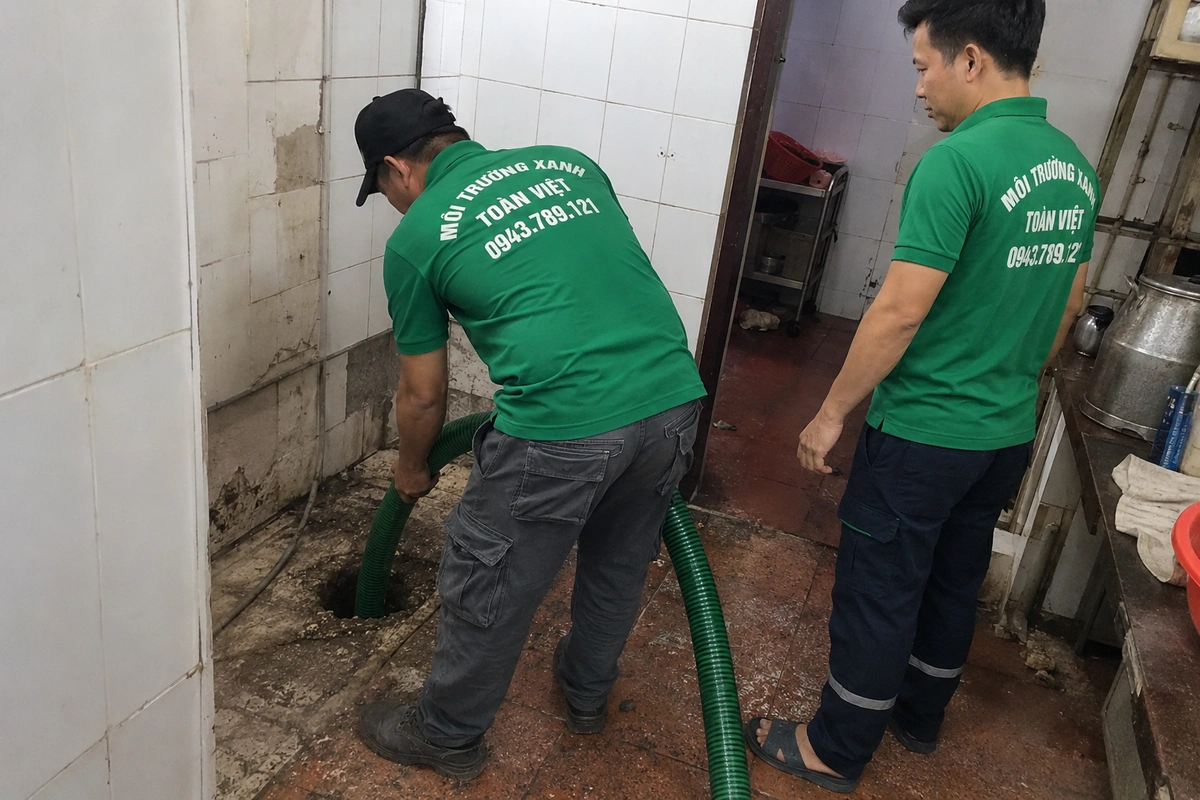 Hút Hầm Cầu Phù Mỹ: Hầm Trên Cát, Sạch Vùng Nuôi 24/7 13 Nhân viên thả ống hút vào hầm cầu đã mở nắp