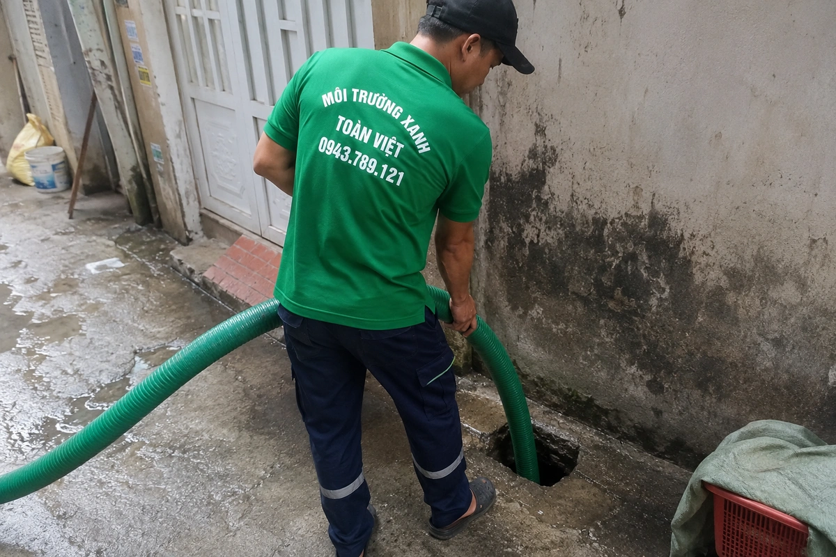 Hút Hầm Cầu Ninh Sơn: 4 Cái Khó Của Vùng Núi Cửa Ngõ Đà Lạt 9 Nhân viên đưa ống hút xuống miệng hầm cầu
