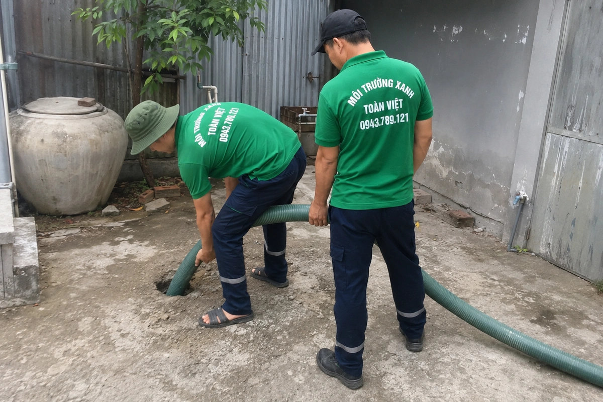 Nhân viên thả ống hút vào hầm cầu đã mở nắp