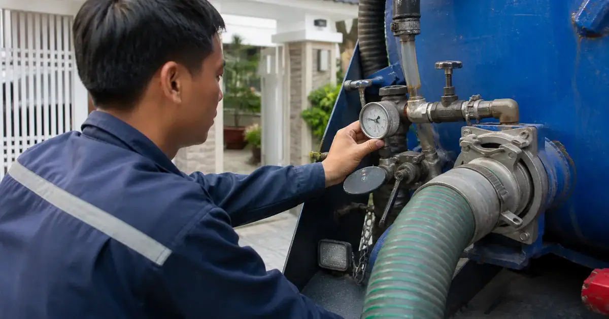 Kỹ thuật viên kiểm tra đồng hồ và kết nối ống hút hầm cầu