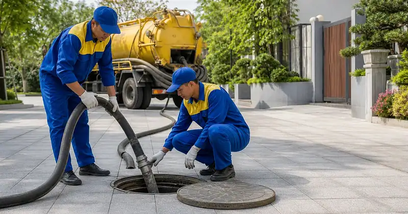 Kỹ thuật viên hút hầm cầu không đục phá qua nắp thăm có sẵn