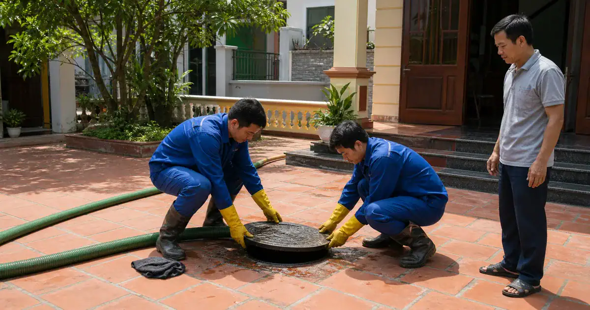 Kỹ thuật viên hoàn tất và vệ sinh khu vực sau khi hút hầm cầu