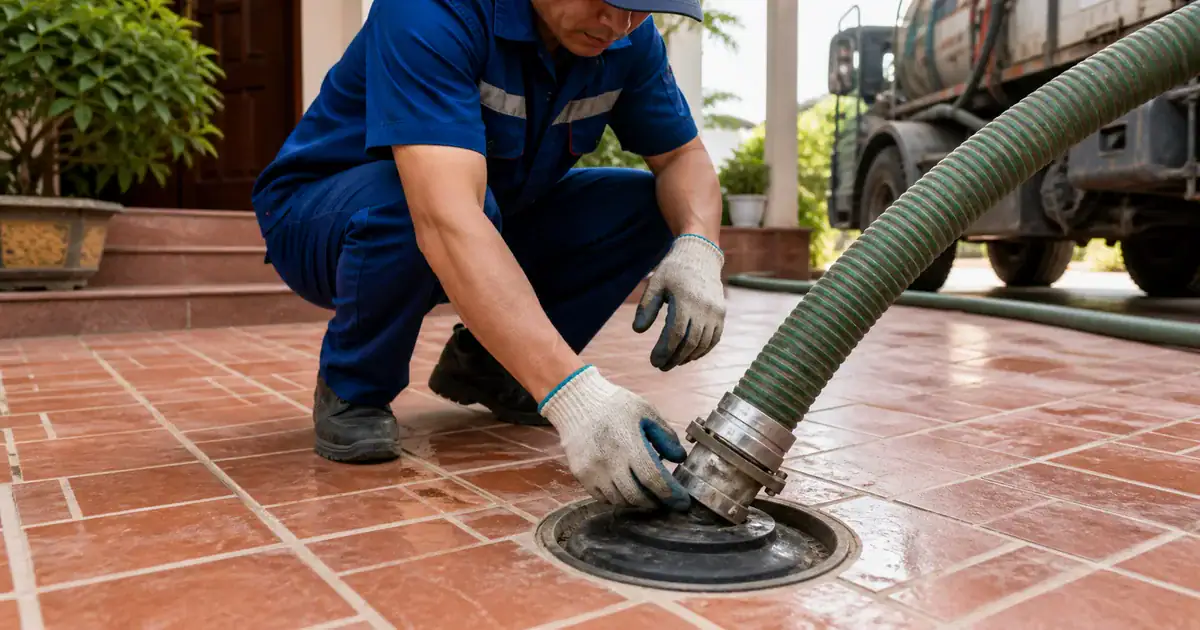 Ống hút chân không kết nối qua nắp thăm hầm cầu có sẵn
