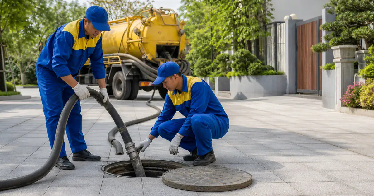 Kỹ thuật viên hút hầm cầu không đục phá qua nắp thăm có sẵn