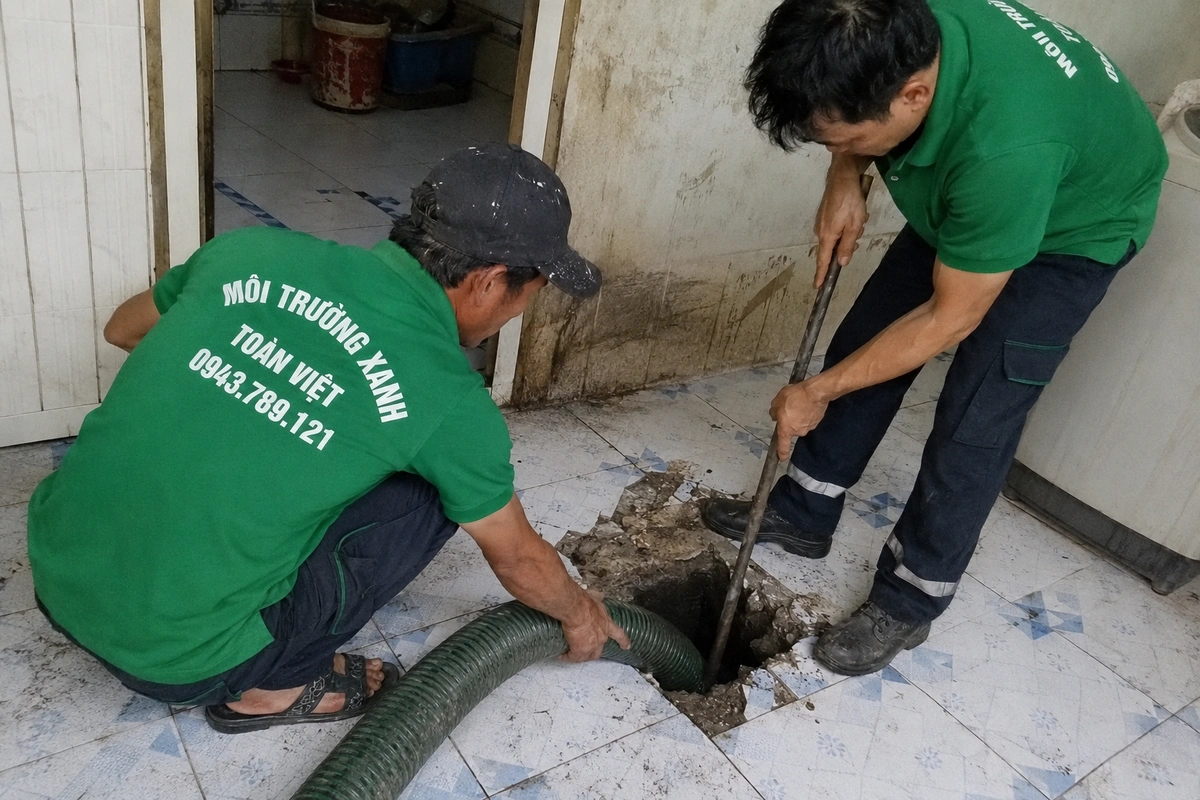 Hai nhân viên hút hầm cầu tại nắp hầm trên sàn nhà