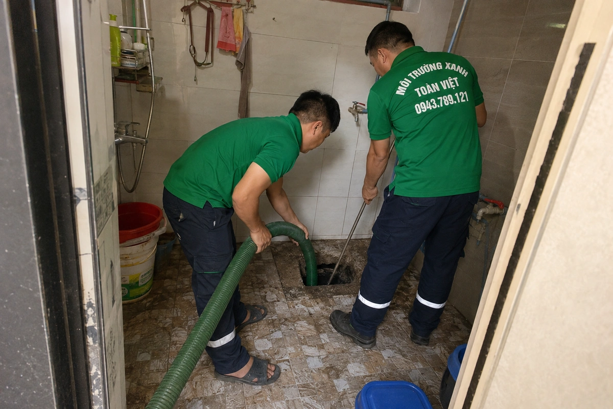Nhân viên hút hầm cầu tại nhà vệ sinh của khách