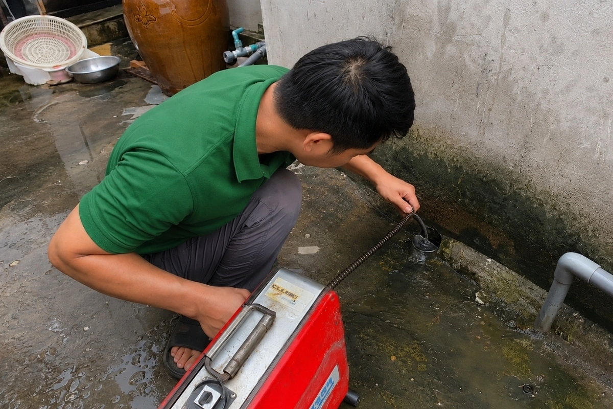 Nhân viên kéo dây lò xo ra khỏi đường cống sau khi thông