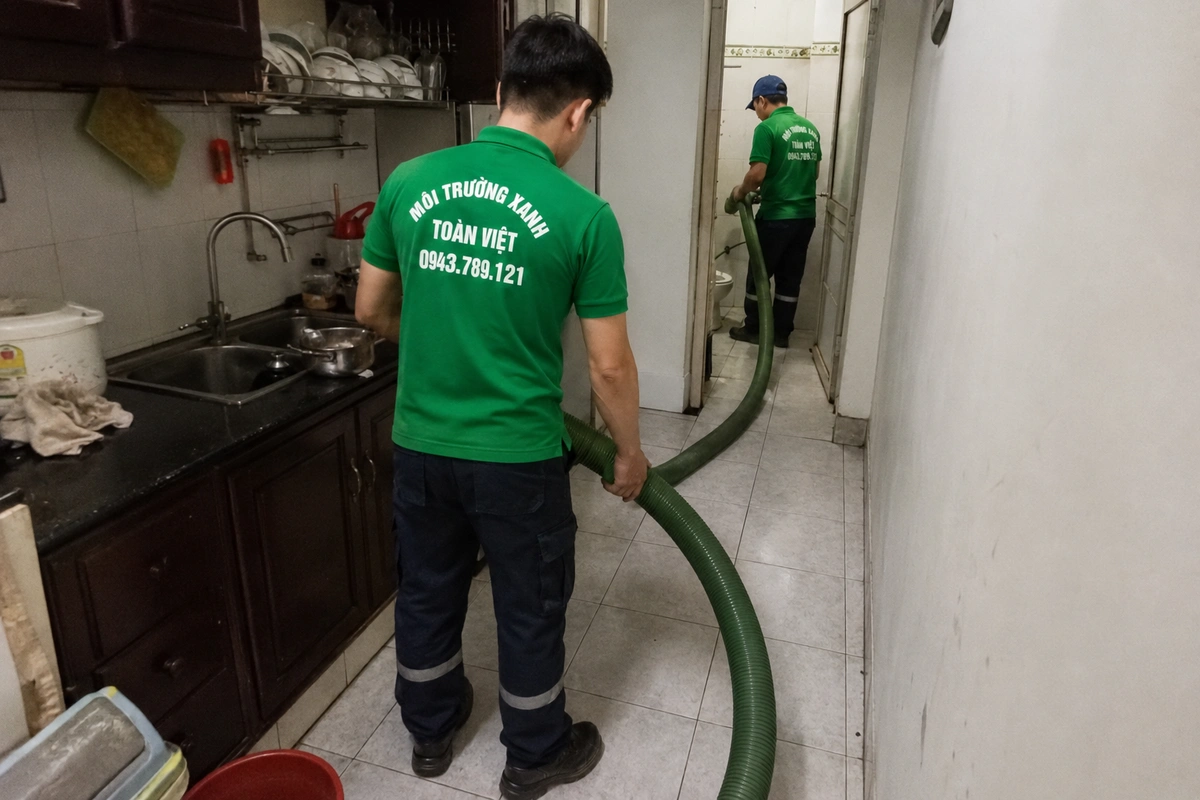 Hút Hầm Cầu Nam Đông 24/7, Cân theo m³ | Xanh Toàn Việt 9 Nhân viên kéo ống hút vào trong nhà để tới miệng hầm
