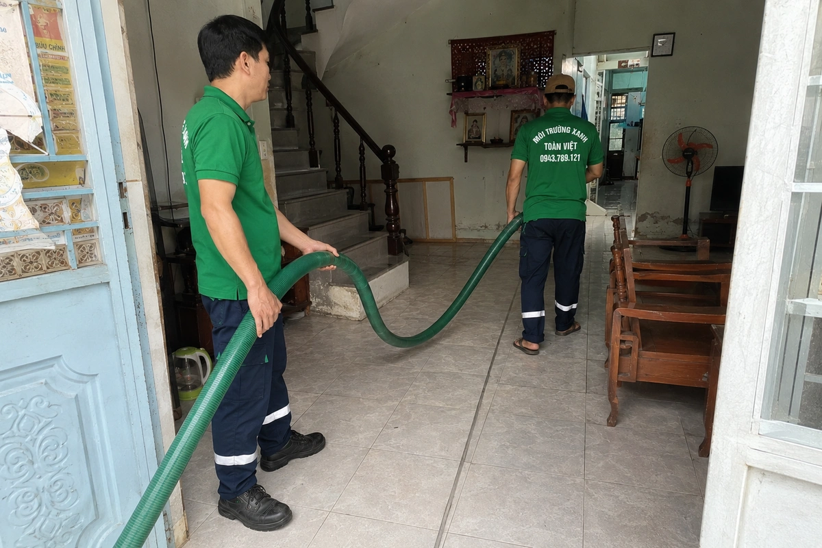 Hút Hầm Cầu Sơn Hà 24/7, Báo Giá Theo Khối | Vùng Cao Quảng Ngãi 9 Nhân viên kéo ống hút vào trong nhà để tới miệng hầm