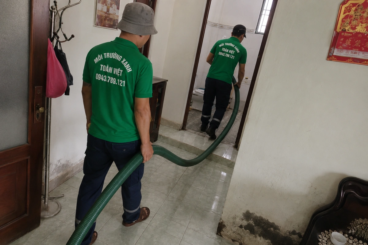Nhân viên kéo ống hút vào trong nhà để tới miệng hầm