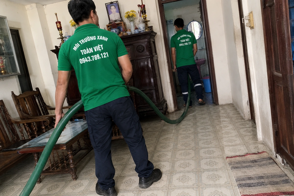 Hút Hầm Cầu Quế Phong Nghệ An, Vùng Biên Giới | 0943.789.121 12 Nhân viên kéo ống hút vào trong nhà để tới miệng hầm