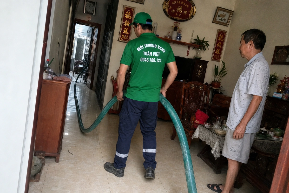 Hút Hầm Cầu Phù Mỹ: Hầm Trên Cát, Sạch Vùng Nuôi 24/7 14 Nhân viên đưa ống hút qua phòng khách tới khu vệ sinh