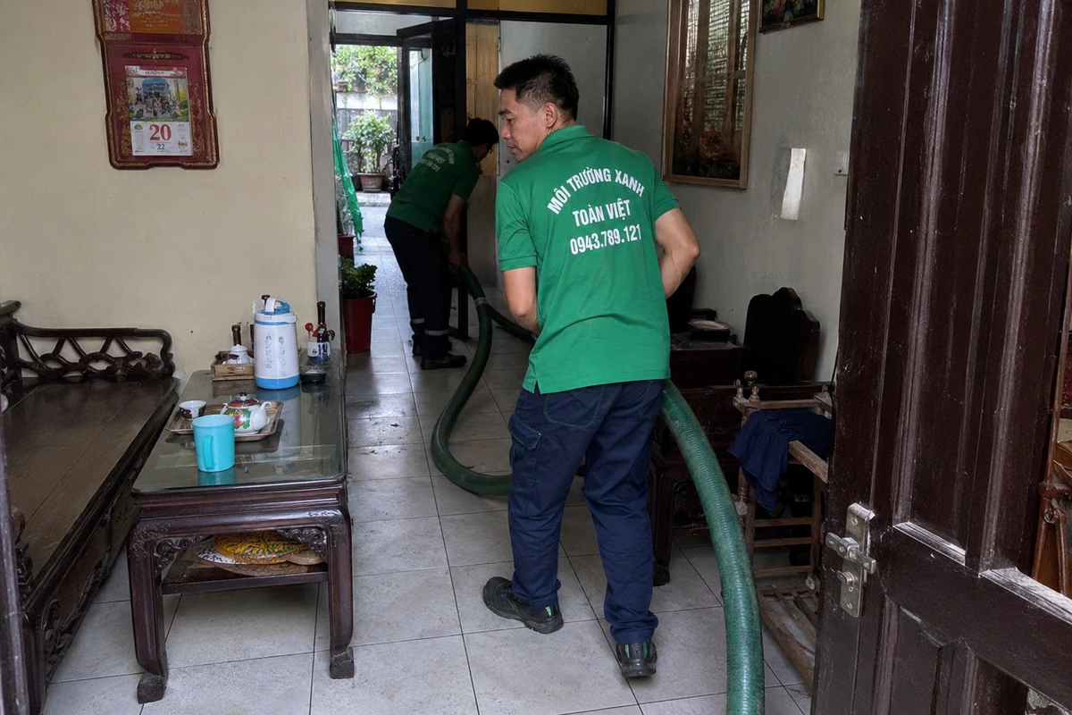 Hút Hầm Cầu Ninh Thuận: Khảo Sát Đường Vào Trước Báo Giá 21 Nhân viên kéo ống hút vào trong nhà để tới miệng hầm