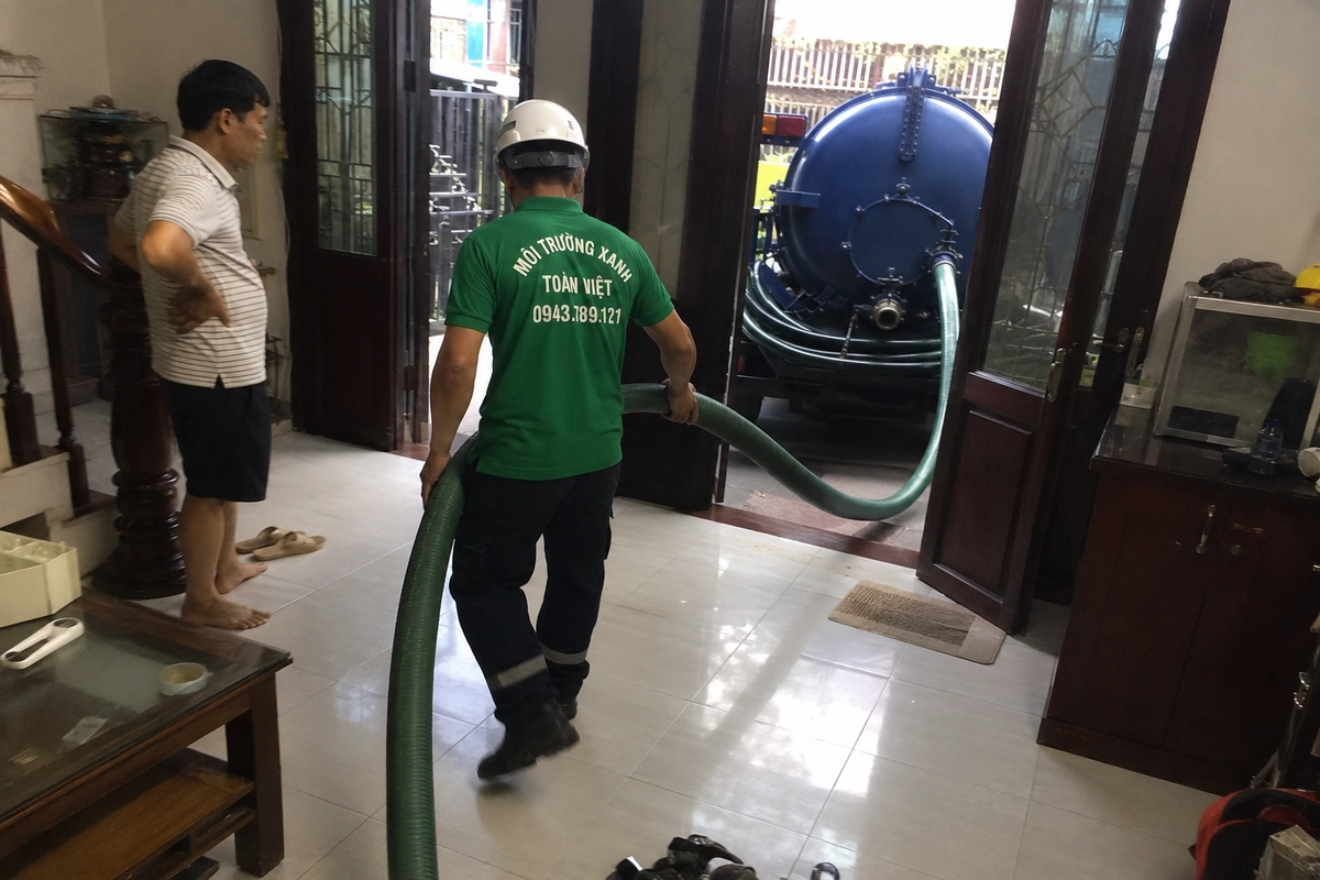 Nhân viên kéo ống hút vào trong nhà để tới miệng hầm