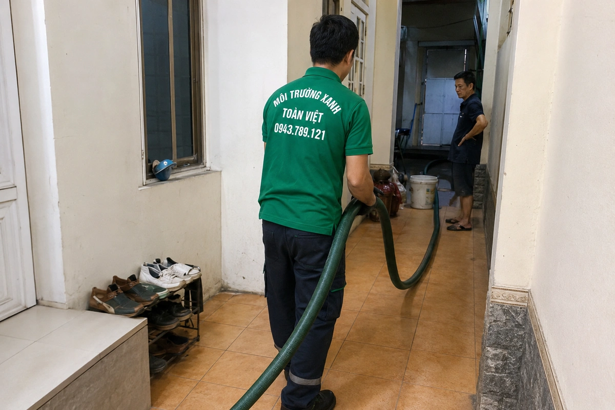 Nhân viên kéo ống hút vào trong nhà để tới miệng hầm