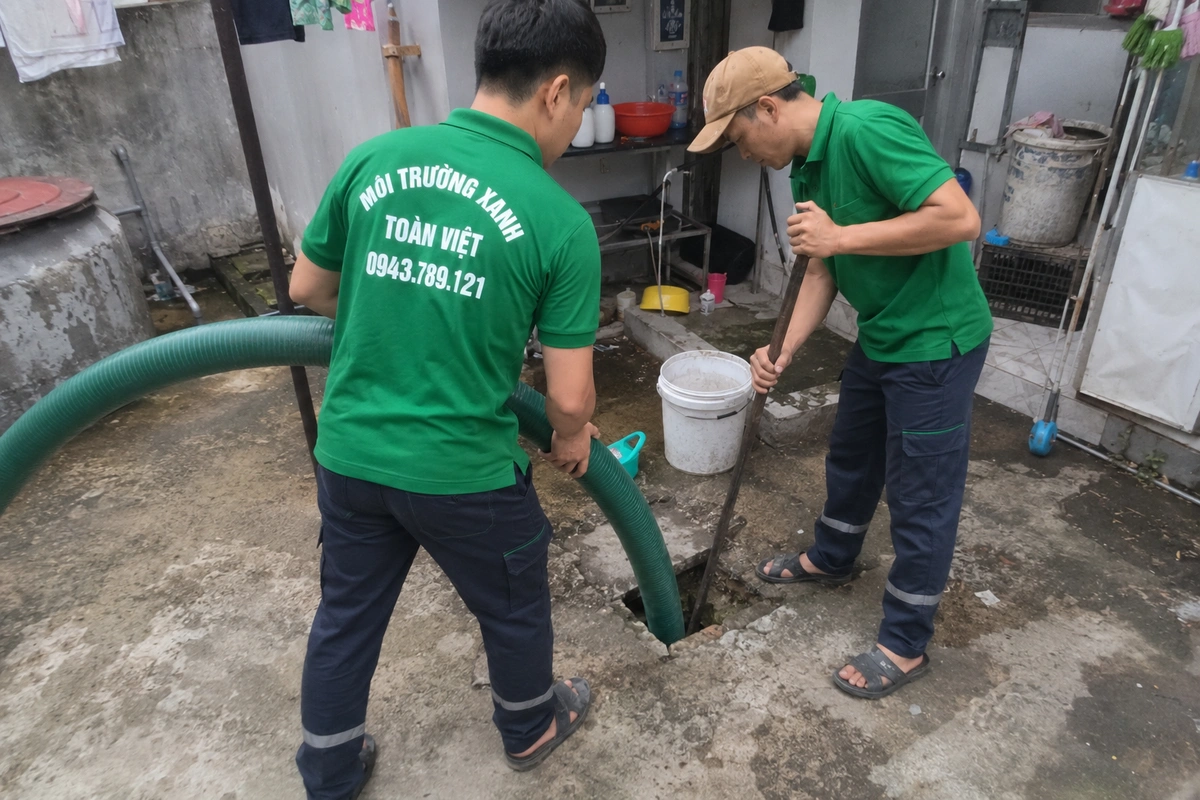 Nhân viên kéo ống hút vào trong nhà để tới miệng hầm