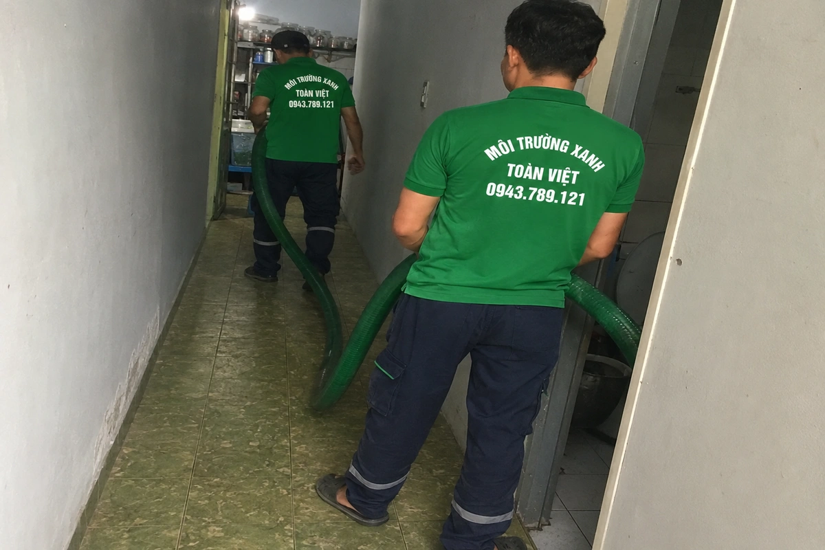 Nhân viên kéo ống hút vào trong nhà để tới miệng hầm