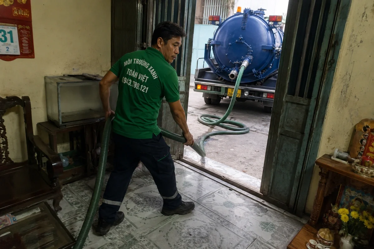 Nhân viên kéo ống hút vào trong nhà để tới miệng hầm