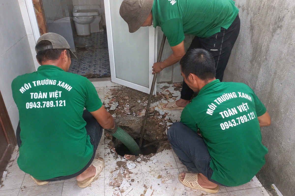 Nhân viên mở miệng hầm cầu trong nhà để đưa ống hút xuống