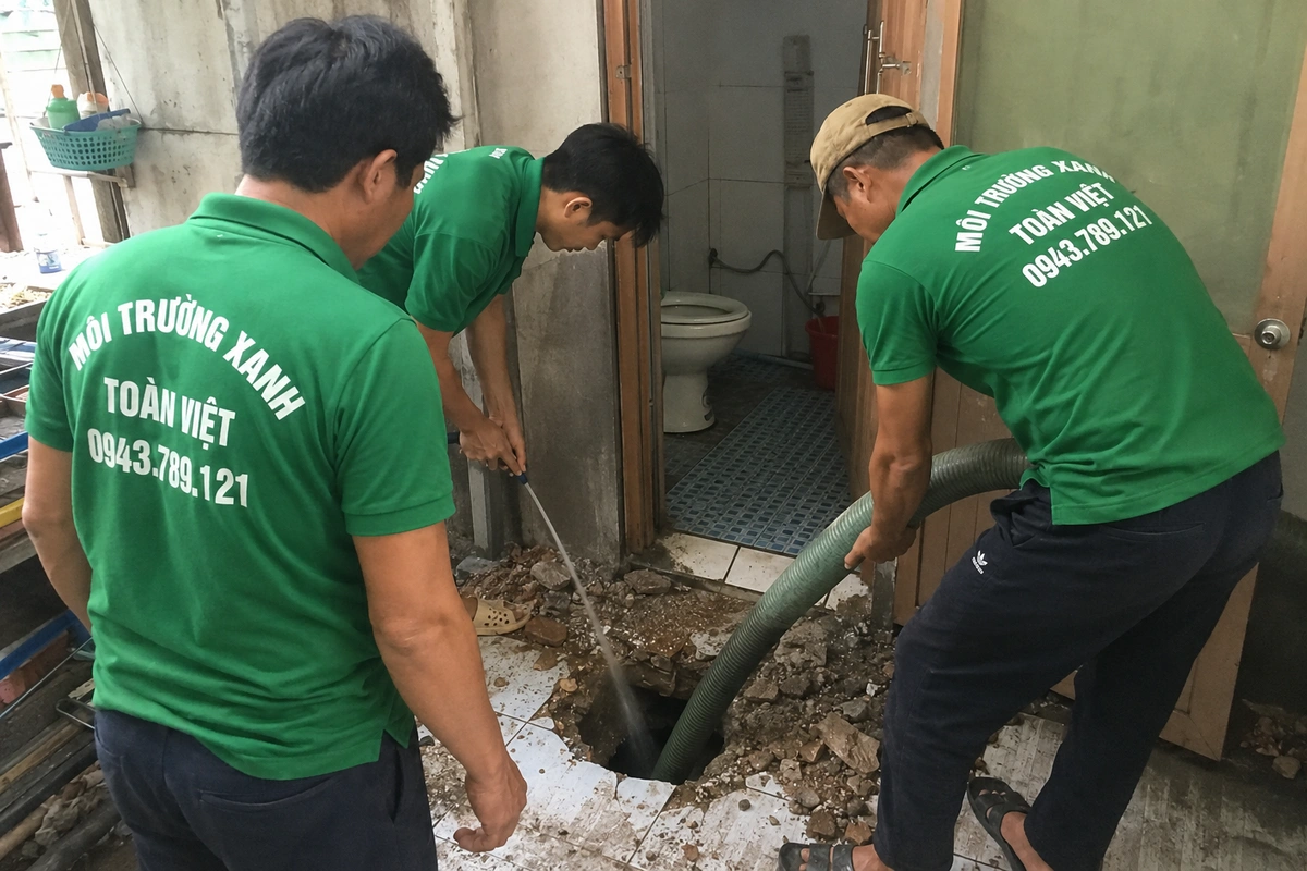 Nhân viên thao tác tại miệng hầm cầu trong khu vệ sinh
