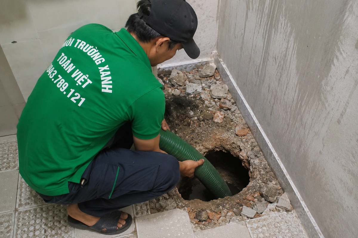 Nhân viên thao tác tại miệng hầm cầu trong khu vệ sinh