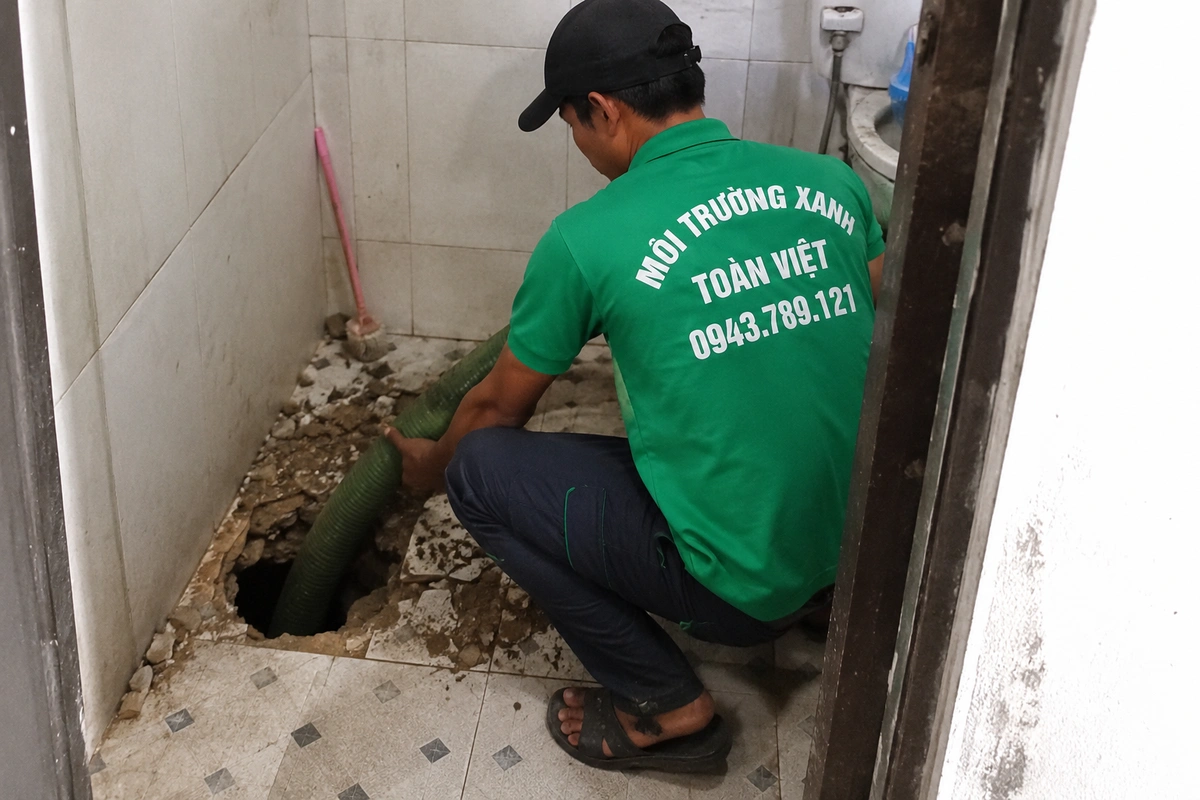 Nhân viên thao tác tại miệng hầm cầu trong khu vệ sinh