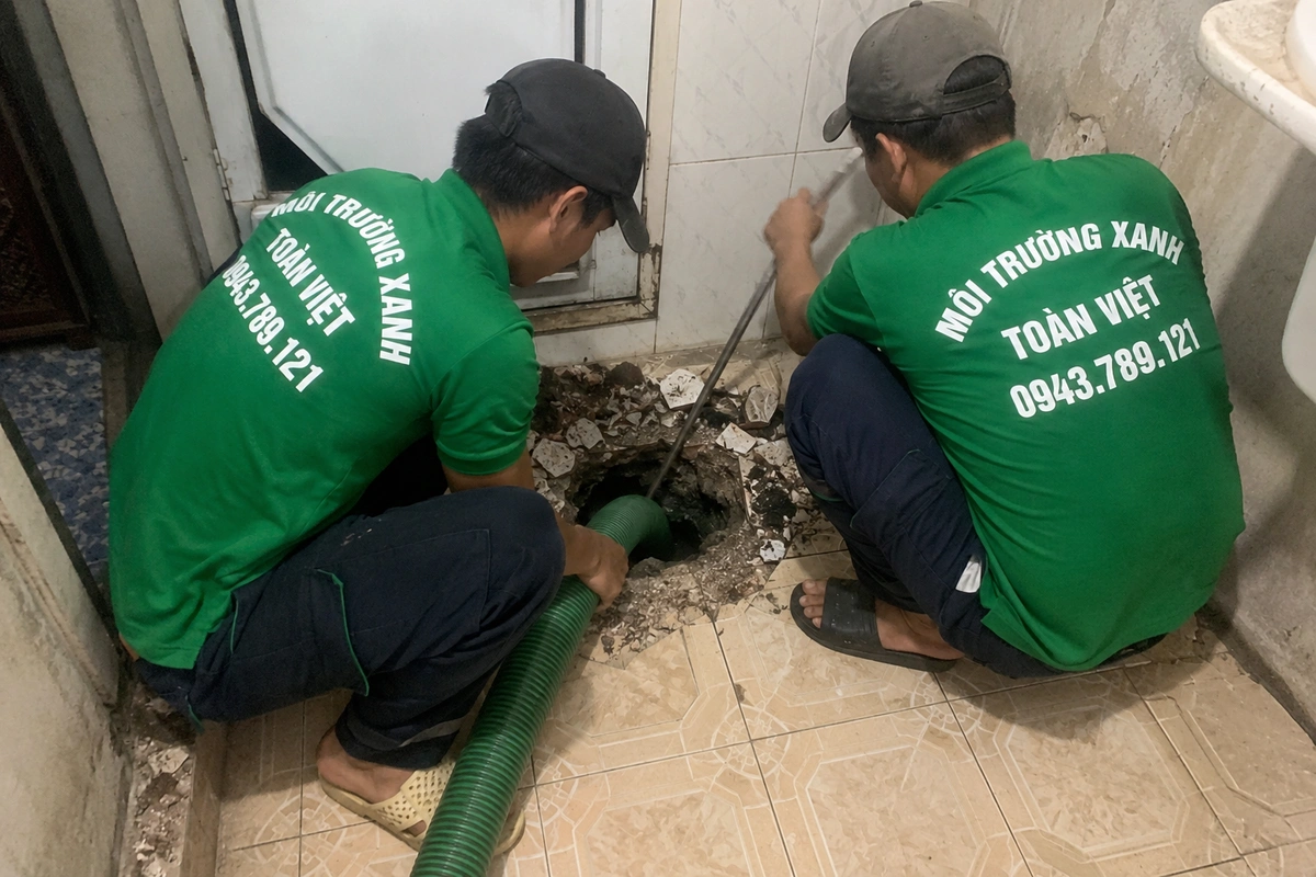 Hút Hầm Cầu Phú Ninh 24/7, Báo Giá Theo Khối | Đo Đồng Hồ Xe 10 Nhân viên thao tác tại miệng hầm cầu trong khu vệ sinh
