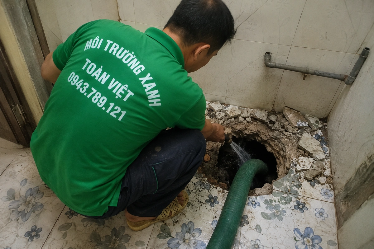 Hút Hầm Cầu Phú Ninh 24/7, Báo Giá Theo Khối | Đo Đồng Hồ Xe 14 Nhân viên mở miệng hầm cầu trong nhà để đưa ống hút xuống