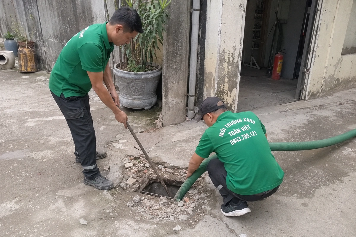 Nhân viên mở nắp hầm cầu và kéo ống tới vị trí thi công
