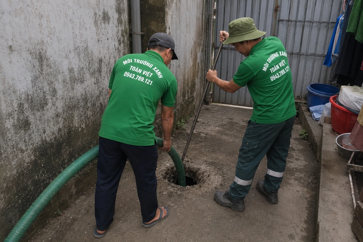 Hút Hầm Cầu Lộc Hà 24/7 | Báo Giá Trước Khi Làm 10 Hai nhân viên mở nắp hầm cầu sát tường trước khi hút