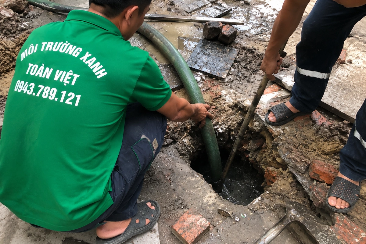 Hai nhân viên nạo vét cặn trong hầm cầu ngoài sân