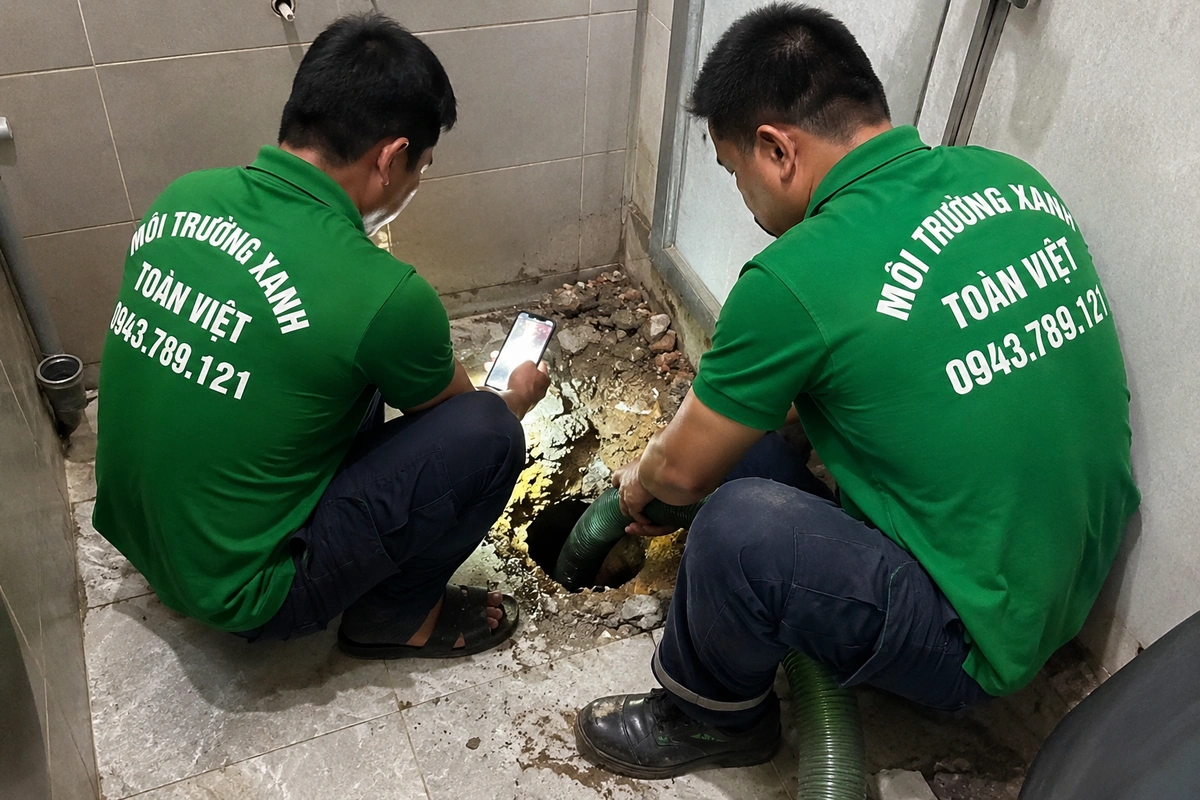 Nhân viên soi đèn kiểm tra miệng hầm cầu