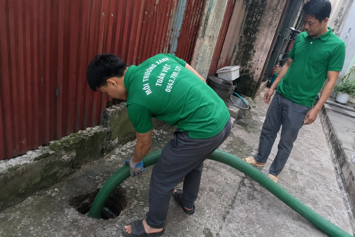 Hai nhân viên thao tác tại miệng hầm cầu ngoài sân