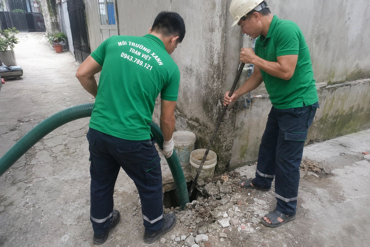 Hai nhân viên kiểm tra hầm cầu tại sân trước khi hút